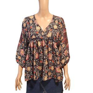 Knox Rose Size S Bohemian Dark Floral Long Sleeve Babydoll Peasant Top Fairy